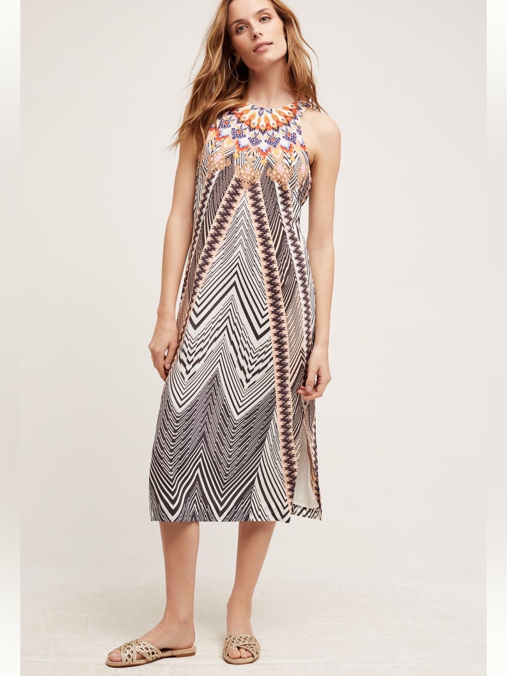 Anthropologie Silk Bohemian Geometric Midi Dress HD in Paris Size 12 - Picture 2 of 16